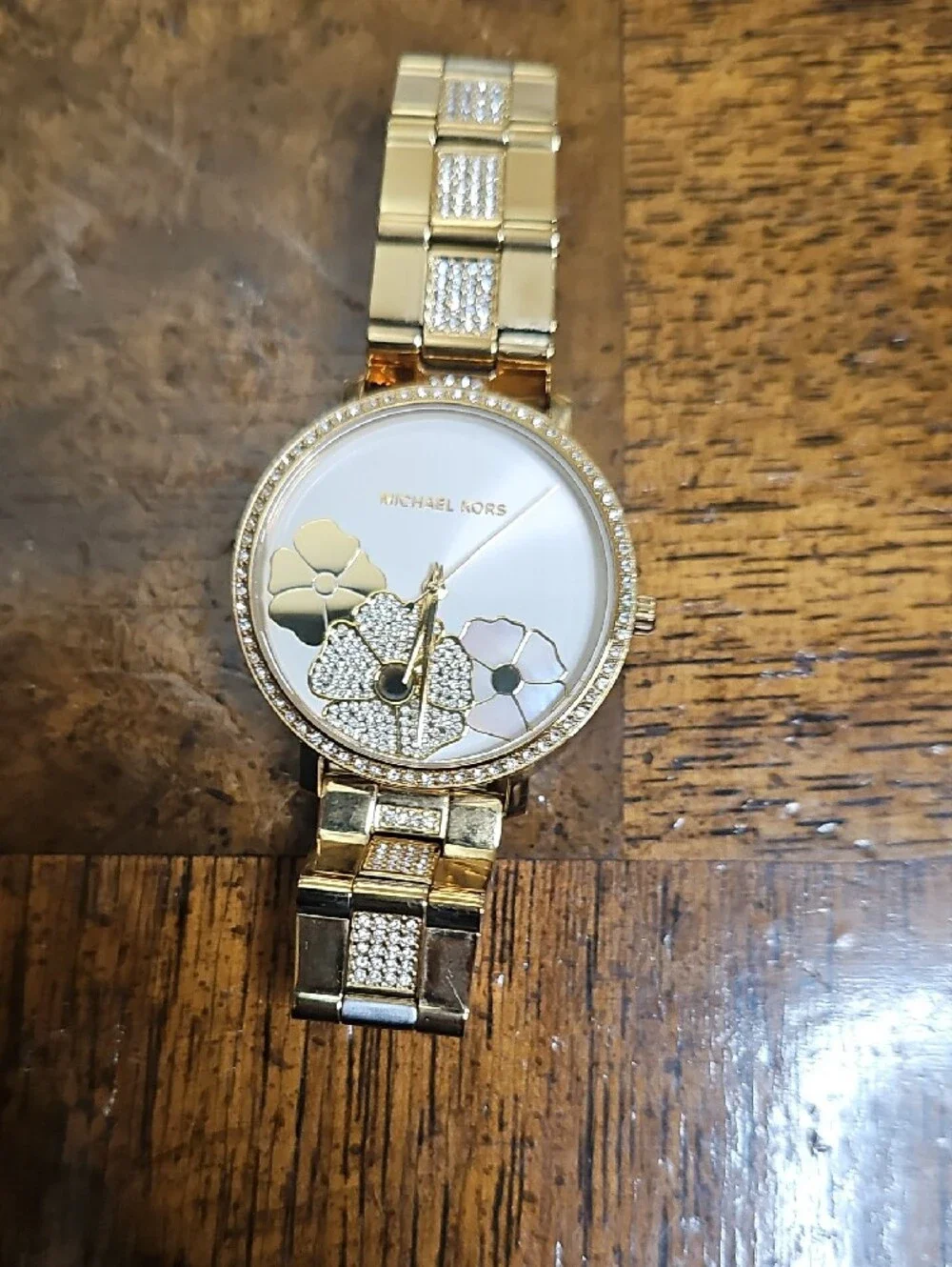 Michael Kors Gold-tone Floral Crystal Bracelet Watch with White Dial